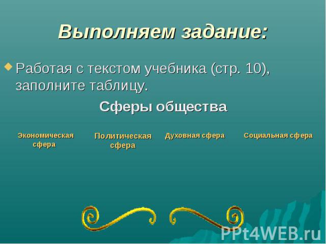 Выполняем задание: Работая с текстом учебника (стр. 10), заполните таблицу. Сферы общества