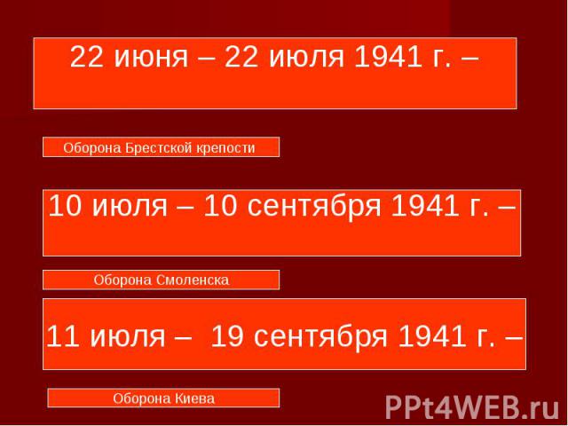 22 июня – 22 июля 1941 г. – 10 июля – 10 сентября 1941 г. – 11 июля – 19 сентября 1941 г. –