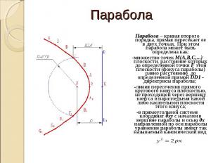 ПараболаПарабола – кривая второго порядка, прямая пересекает ее в двух точках. П
