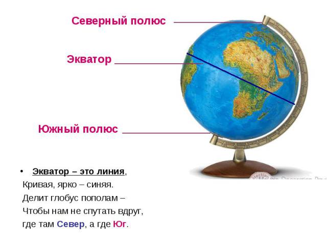 Экватор – это линия, Кривая, ярко – синяя. Делит глобус пополам – Чтобы нам не спутать вдруг, где там Север, а где Юг.