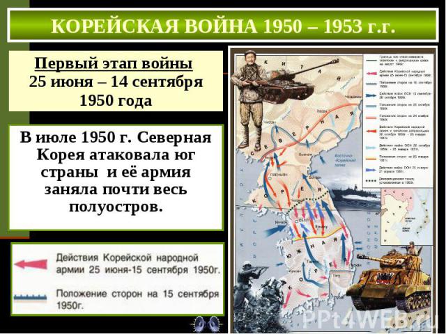 КОРЕЙСКАЯ ВОЙНА 1950 – 1953 г.г. Первый этап войны 25 июня – 14 сентября 1950 года В июле 1950 г. Северная Корея атаковала юг страны и её армия заняла почти весь полуостров.