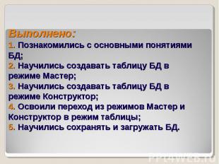 Выполнено: 1. Познакомились с основными понятиями БД; 2. Научились создавать таб