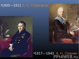 1800—1811 А. С. Строганов 1817—1843 А. Н. Оленин