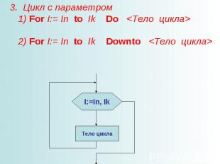3. Цикл с параметром 1) For I:= In to Ik Do 2) For I:= In to Ik Downto