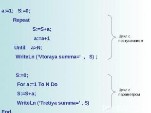 a:=1; S:=0; Repeat S:=S+a; a:=a+1 Until a>N; WriteLn (‘Vtoraya summa=‘ , S) ; S:
