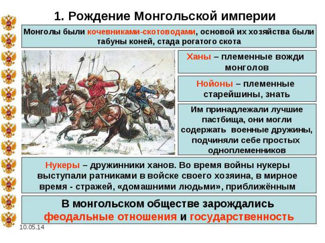 1. Рождение Монгольской империи Монголы были кочевниками-скотоводами, основой их хозяйства были табуны коней, стада рогатого скота Ханы – племенные вожди монголов Нойоны – племенные старейшины, знать Нукеры – дружинники ханов. Во время войны нукеры …