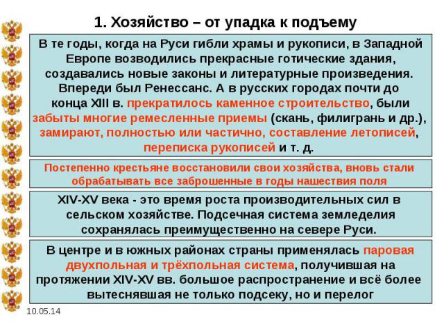 1. Хозяйство – от упадка к подъемуВ те годы, когда на Руси гибли храмы и рукописи, в Западной Европе возводились прекрасные готические здания, создавались новые законы и литературные произведения. Впереди был Ренессанс. А в русских городах почти до …