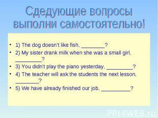Сдедующие вопросы выполни самостоятельно! 1) The dog doesn’t like fish, ________