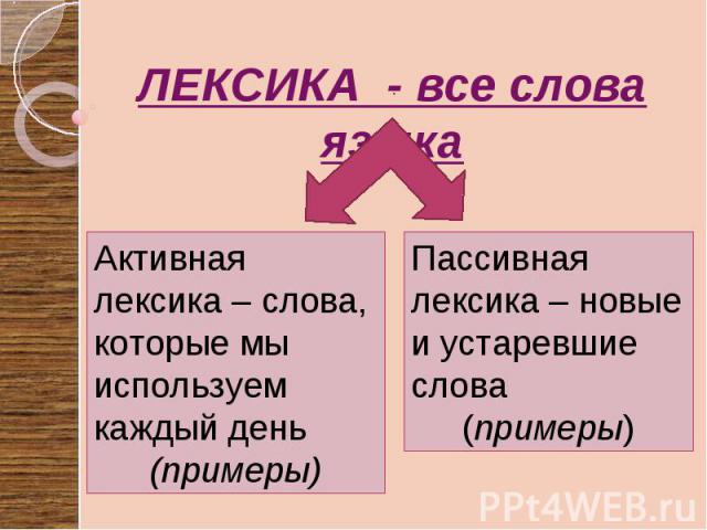 ЛЕКСИКА - все слова языка Активная лексика – слова, которые мы используем каждый день (примеры) Пассивная лексика – новые и устаревшие слова (примеры)