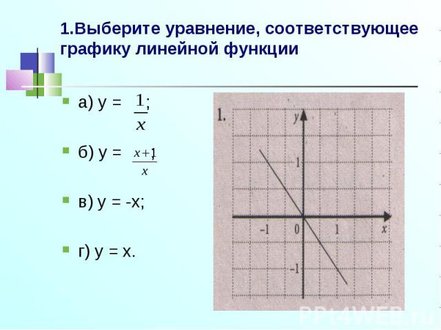 1.Выберите уравнение, соответствующее графику линейной функции