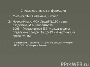 Список источников информации: Учебник УМК Семакина, 9 класс Новосибирск, МОУ Лиц