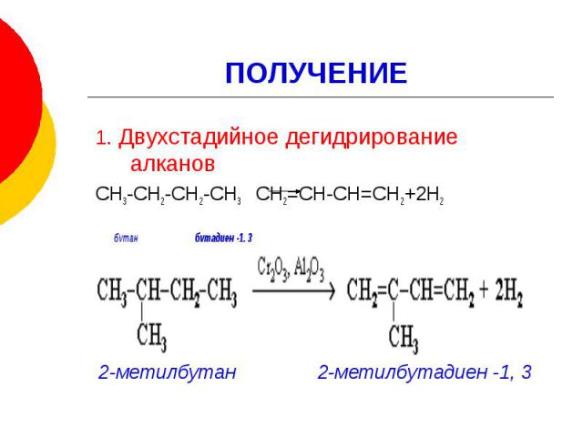 ПОЛУЧЕНИЕ 1. Двухстадийное дегидрирование алканов СН3-СН2-СН2-СН3 СН2=СН-СН=СН2+2Н2 бутан бутадиен -1, 3