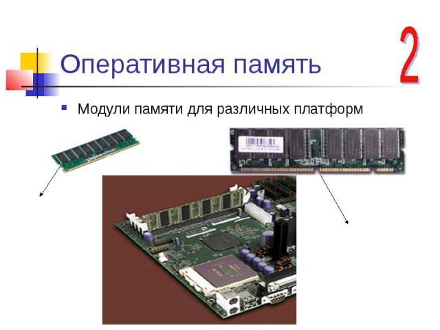 Оперативная память Модули памяти для различных платформ DDR-для материнских плат 4 и 5,на данный момент самая быстрая оперативная память DIMM-для материнских плат 2 и 3 поколения используется более в старых моделях