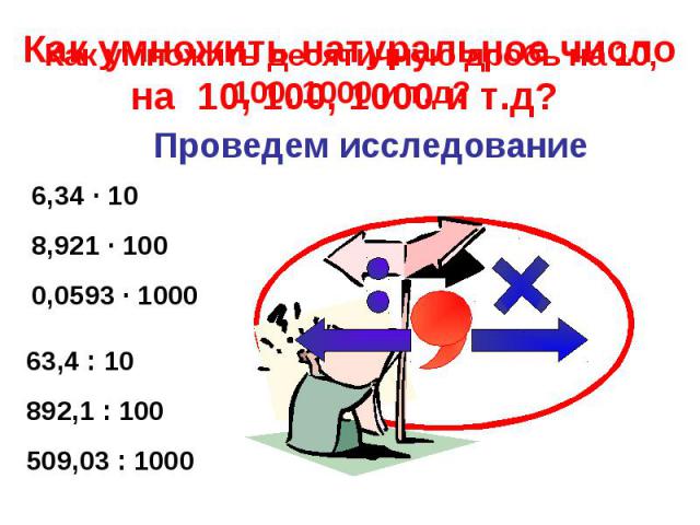 Как умножить десятичную дробь на 10, 100, 1000 и т.д? Проведем исследование 6,34 ∙ 10 8,921 ∙ 100 0,0593 ∙ 1000 63,4 : 10 892,1 : 100 509,03 : 1000