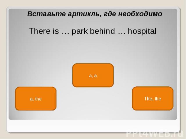 Вставьте артикль, где необходимо There is … park behind … hospital