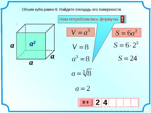 Объем куба равен 8. Найдите площадь его поверхности.