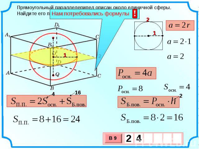 Прямоугольный параллелепипед описан около единичной сферы. Найдите его площадь поверхности.
