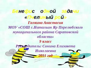Бенефис одной задачи «Пчелиный рой» Галкина Анастасия МОУ «СОШ с.Натальин Яр Пер
