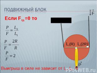 Подвижный блок Если Fтр.=0 то Выигрыш в силе не зависит от L1, L2, R