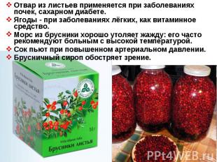 Отвар из листьев применяется при заболеваниях почек, сахарном диабете. Ягоды - п