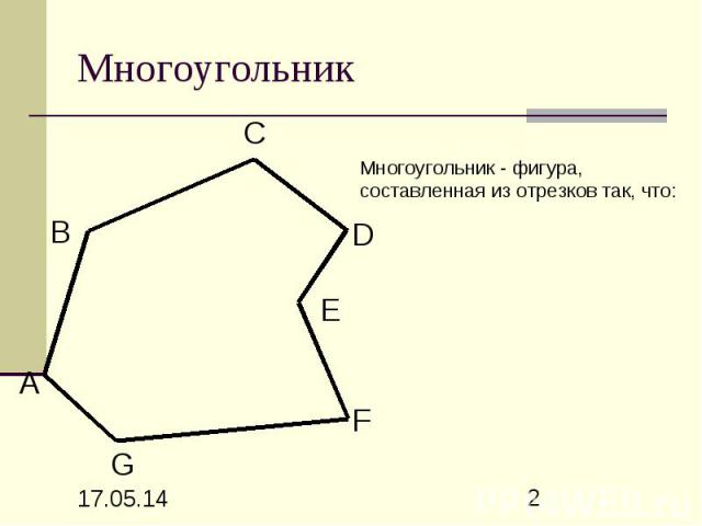 Многоугольник Многоугольник - фигура, составленная из отрезков так, что: