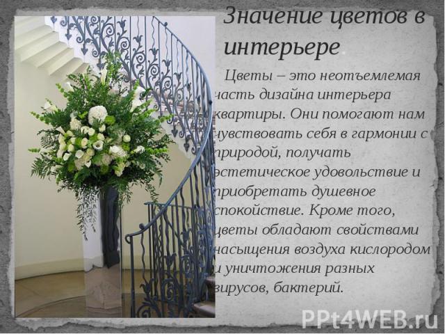 Значение цветов в интерьере. Цветы – это неотъемлемая часть дизайна интерьера квартиры. Они помогают нам чувствовать себя в гармонии с природой, получать эстетическое удовольствие и приобретать душевное спокойствие. Кроме того, цветы обладают свойст…