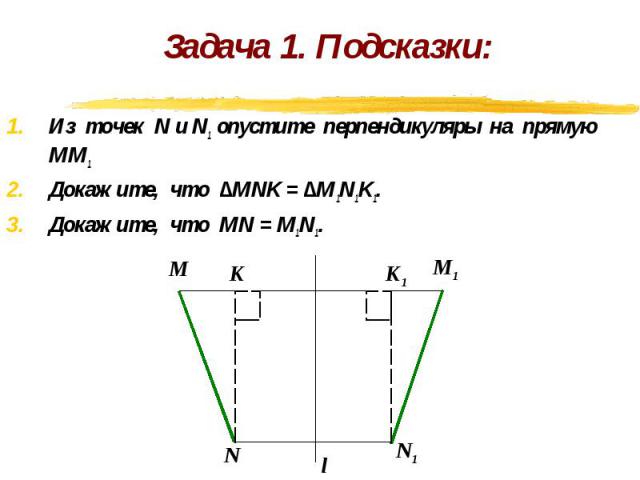 Задача 1. Подсказки: Из точек N и N1 опустите перпендикуляры на прямую ММ1 Докажите, что ∆MNK = ∆M1N1K1. Докажите, что МN = М1N1.