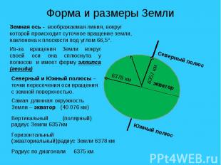 Форма и размеры ЗемлиЗемная ось - воображаемая линия, вокруг которой происходит