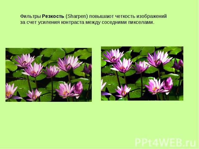 Фильтры Резкость (Sharpen) повышают четкость изображений за счет усиления контраста между соседними пикселами.