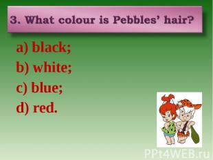 3. What colour is Pebbles’ hair? a) black; b) white; c) blue; d) red.