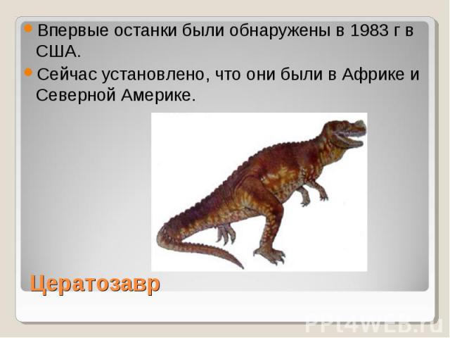 Впервые останки были обнаружены в 1983 г в США. Сейчас установлено, что они были в Африке и Северной Америке. Цератозавр