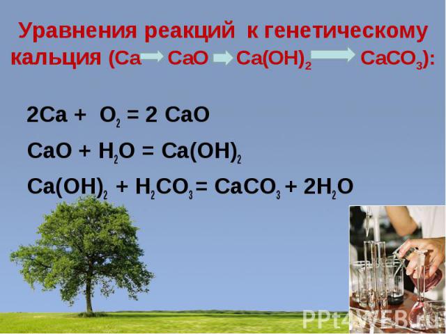 Уравнения реакций к генетическому кальция (Ca CaO Ca(OH)2 CaCO3):2Ca + O2 = 2 CaO CaO + H2O = Ca(OH)2 Ca(OH)2 + H2CO3 = CaCO3 + 2H2O