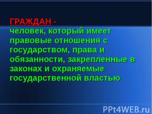 ГРАЖДАН - человек, который имеет правовые отношения с государством, права и обяз