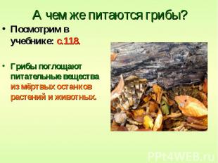 А чем же питаются грибы? Посмотрим в учебнике: с.118. Грибы поглощают питательны