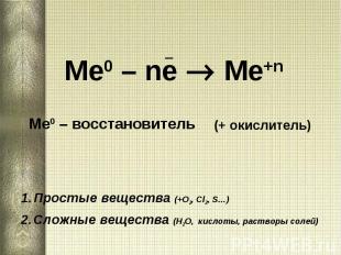 Ме0 – ne Me+n Ме0 – восстановитель Простые вещества (+О2, Сl2, S…) Сложные вещес
