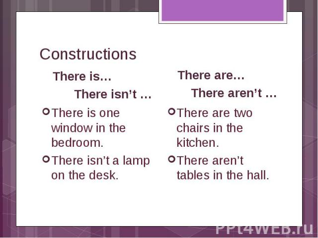 Constructions There is… There isn’t … There is one window in the bedroom. There isn’t a lamp on the desk. There are… There aren’t … There are two chairs in the kitchen. There aren’t tables in the hall.