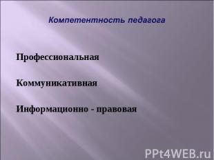 Компетентность педагога Профессиональная Коммуникативная Информационно - правова