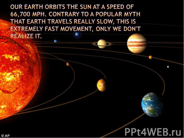 Our Earth orbits the sun at a speed of 66,700 mph. Contrary to a popular myth that earth travels really slow, this is extremely fast movement, only we don't realize it.