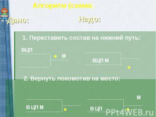 Алгоритм (схема). 1. Переставить состав на нижний путь: 2. Вернуть локомотив на