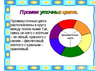 Промежуточные цвета. Промежуточные цвета расположенны в кругу между основ-ными.Т