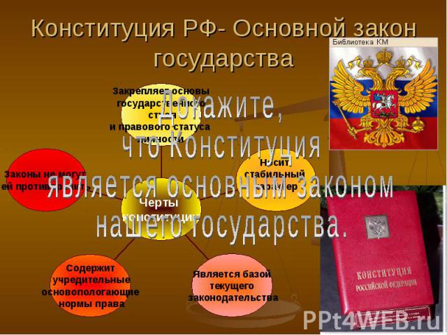 Конституция РФ- Основной закон государстваДокажите, что Конституция является основным законом нашего государства.