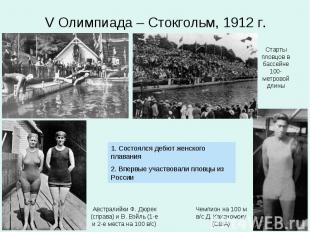 V Олимпиада – Стокгольм, 1912 г.Старты пловцов в бассейне 100-метровой длины 1.