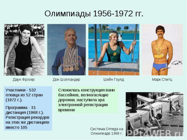 Олимпиады 1956-1972 гг.Участники - 532 пловца из 52 стран (1972 г.). Программа - 31 дистанция (1968 г.). Регистрация рекордов на этих же дистанциях вместо 105 Сложилась конструкция ванн бассейнов, волногасящие дорожки, наступила эра электронной реги…