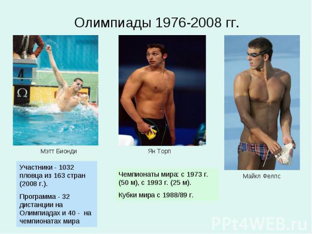 Олимпиады 1976-2008 гг.Участники - 1032 пловца из 163 стран (2008 г.). Программа - 32 дистанции на Олимпиадах и 40 - на чемпионатах мира Чемпионаты мира: с 1973 г. (50 м), с 1993 г. (25 м). Кубки мира с 1988/89 г.