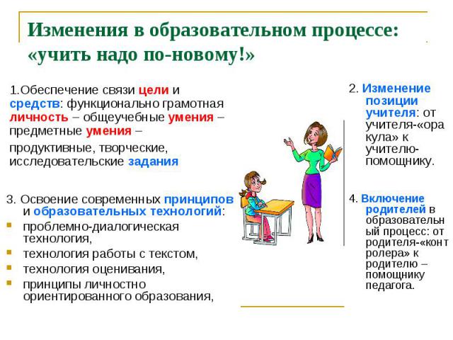 Изменения в образовательном процессе: «учить надо по-новому!»1.Обеспечение связи цели и средств: функционально грамотная личность – общеучебные умения – предметные умения – продуктивные, творческие, исследовательские задания 3. Освоение современных …