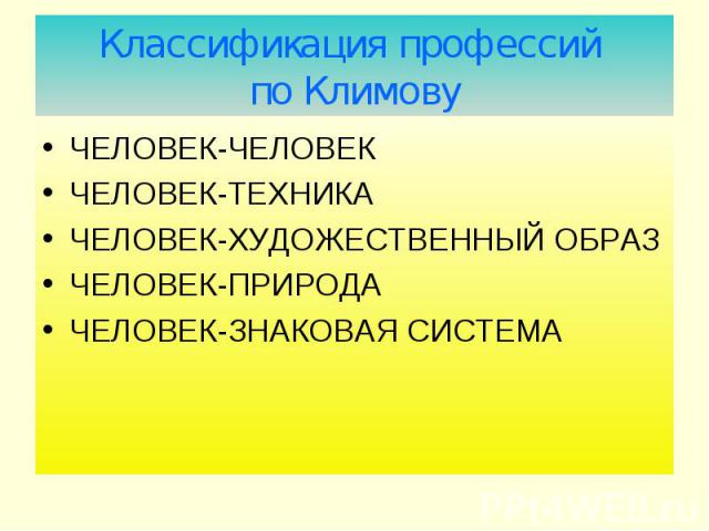 Классификация профессий по Климову ЧЕЛОВЕК-ЧЕЛОВЕК ЧЕЛОВЕК-ТЕХНИКА ЧЕЛОВЕК-ХУДОЖЕСТВЕННЫЙ ОБРАЗ ЧЕЛОВЕК-ПРИРОДА ЧЕЛОВЕК-ЗНАКОВАЯ СИСТЕМА