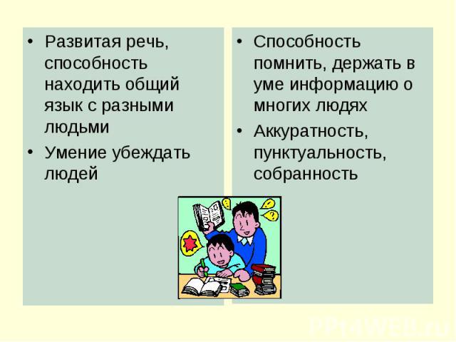 Развитая речь, способность находить общий язык с разными людьми Умение убеждать людей Способность помнить, держать в уме информацию о многих людях Аккуратность, пунктуальность, собранность