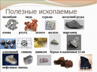 Полезные ископаемые молибден медь сурьма железной руды олова ртуть золото железо