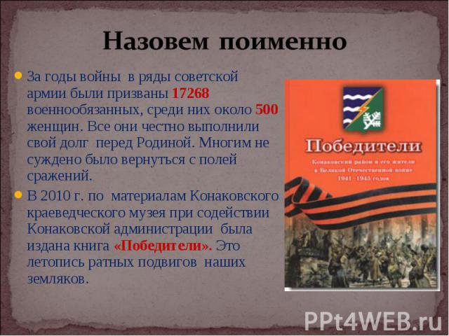 Назовем поименноЗа годы войны в ряды советской армии были призваны 17268 военнообязанных, среди них около 500 женщин. Все они честно выполнили свой долг перед Родиной. Многим не суждено было вернуться с полей сражений. В 2010 г. по материалам Конако…