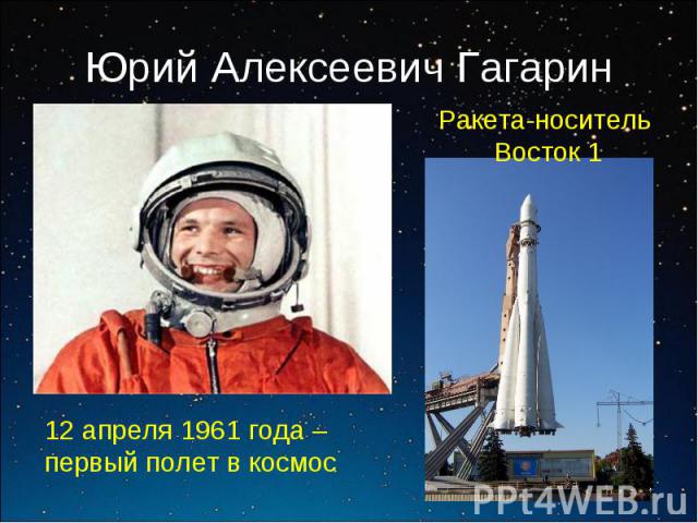 Юрий Алексеевич Гагарин Ракета-носитель Восток 1 12 апреля 1961 года – первый полет в космос